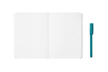 White spread notebook with rounded corners and blue-green ballpoint pen clipping