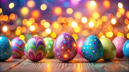 Colorful Easter eggs on blurred background with glowing lights, Easter, eggs, painted, colors, blurred, background