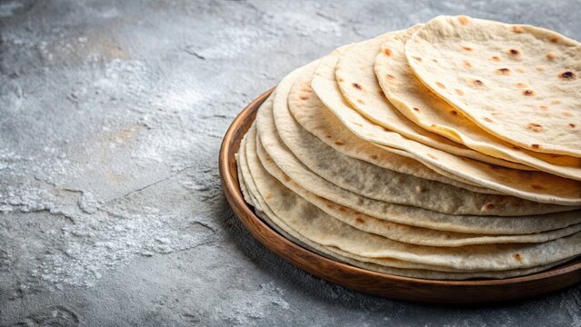Homemade wheat flour tortillas for making takos on grey table background, Mexican food, stack, homemade, wheat flour
