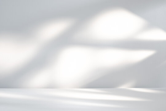 Bright sunlight filters through, creating abstract shadows on a clean white surface in a serene indoor background.