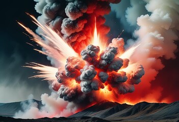 A dramatic scene of a mountain explosion, with thick smoke and fiery flames erupting into the sky.
