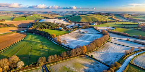 Aerial view of the picturesque Winter Yorkshire Wolds , winter, Yorkshire Wolds, aerial view, hills