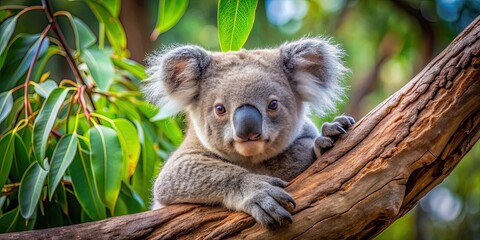 Obraz premium Adorable koala bear cub resting in a eucalyptus tree , cute, animal, wildlife, Australia, tree, eucalyptus, furry, young