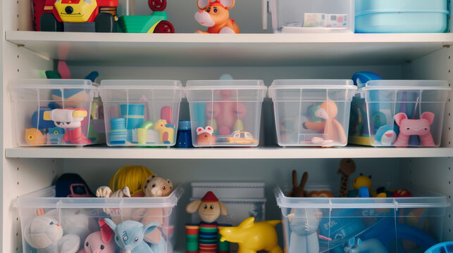 A shelf filled with toys in transparent boxes, arranged neatly to foster an organized and engaging environment for children&rsquo;s play and learning.