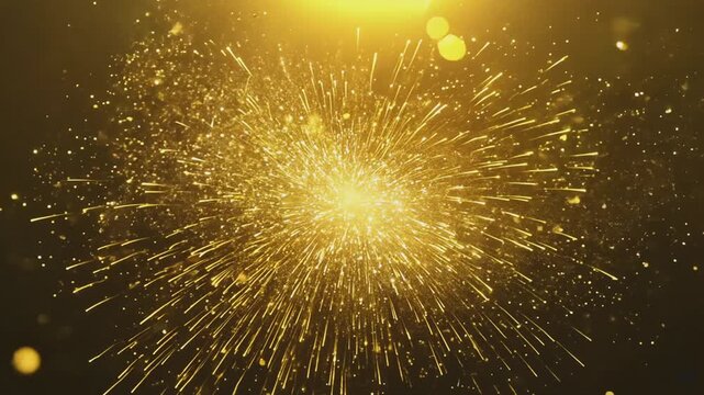 4K Gold Explosion effect. Festive Fireworks. Isolated on black background. Floating golden sparkles. Glowing Particles. Overlay. 
