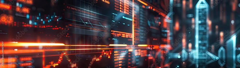 Poster futuristic digital interface showcasing vibrant data streams and graphs, ideal for technology and fi