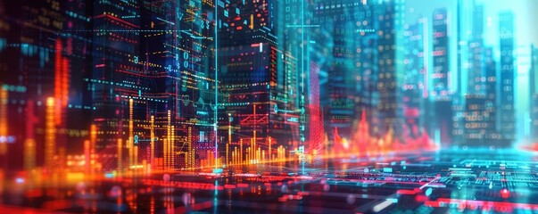 Futuristic urban skyline with vibrant neon lights and abstract patterns, creating a mesmerizing digital landscape.