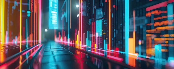 Vibrant digital cityscape featuring glowing lines and bars representing data transmission in a futuristic environment.