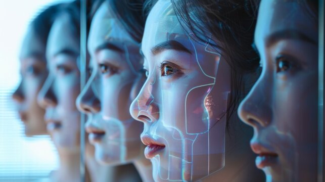 portrait photo of woman's face with facial recognition, identity face scanner
