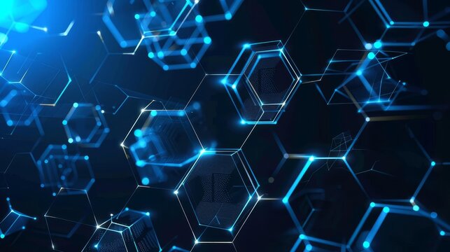 Abstract digital network with glowing blue hexagons and lines.