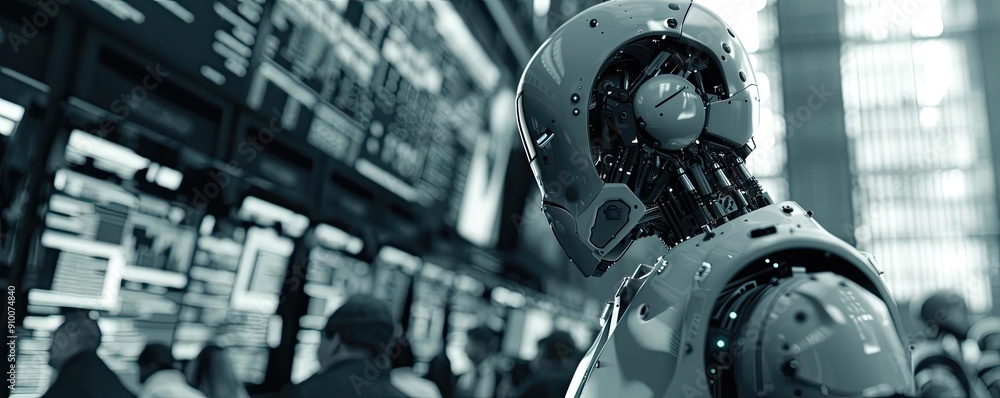 Poster futuristic robot in a busy environment, showcasing advanced technology and human interaction in a mo