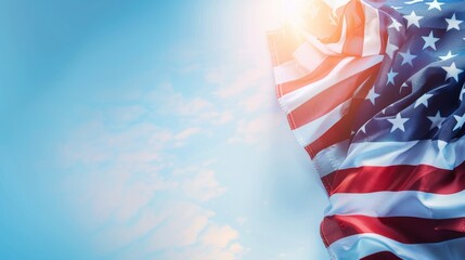 Fototapeta premium Waving American flag in double exposure with text space, ideal for USA themed banners and festive backdrops.