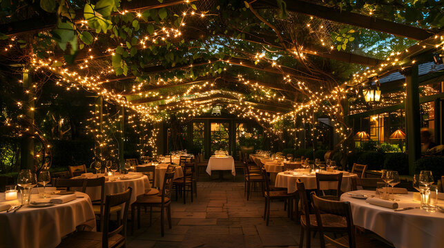 A beautifully decorated outdoor restaurant with warm, twinkling string lights draped across the ceiling, creating a magical and romantic evening dining atmosphere.