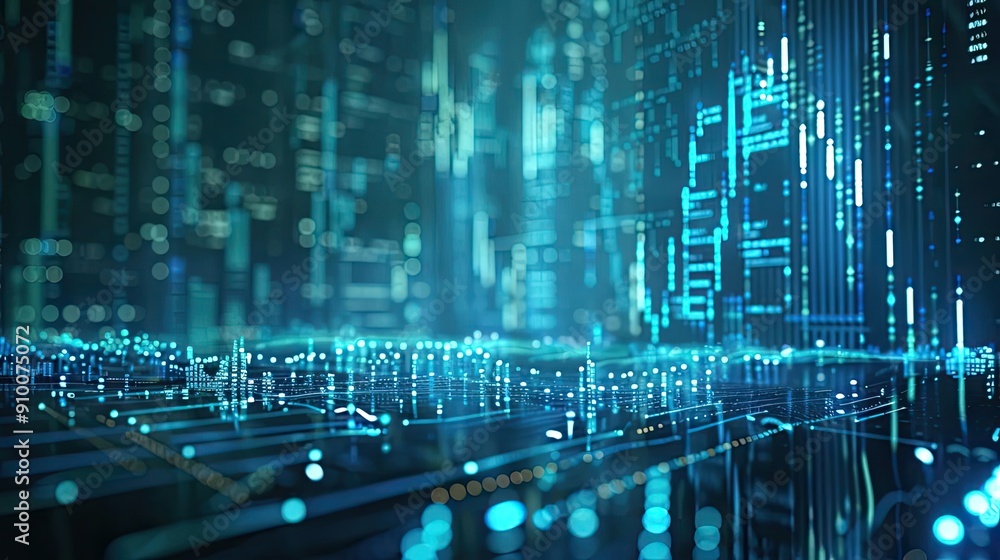 Aufkleber futuristic digital cityscape with glowing blue lines and data visualization elements representing ad
