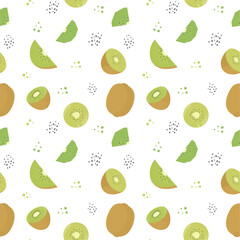 Seamless pattern with tropical kiwi fruits. Vector background with green whole kiwi fruit, slice and seeds. Cute design for fabric, paper, wallpaper, decor.