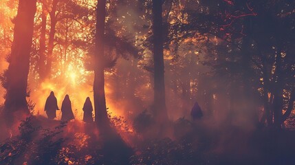 Ghostly figures and witches in a misty forest, creating a spooky and mystical Halloween scene perfect for capturing the holiday spirit