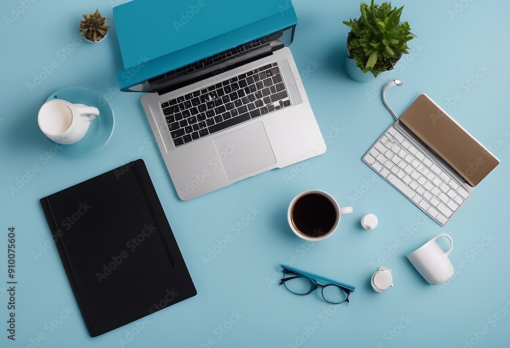 Poster table notebook business photo topview workspace blue high desk coffee view laptop cup minimal notebo