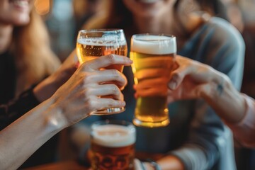 Friends toasting beers at a brewery pub, highlights the fun of friendship and social gatherings, with copy space