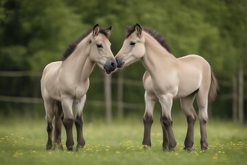 Obraz premium primitive nature foals dun netherlands free hang colored live konik part neck roosteren reserve horse range breed two legs polish they cute playing herd rug funny pony foal animal field wild wildlife