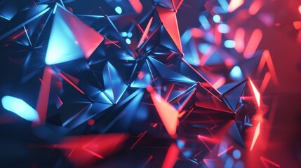 Abstract geometric shapes in blue and red shades with reflective surfaces, creating a futuristic and dynamic visual effect.