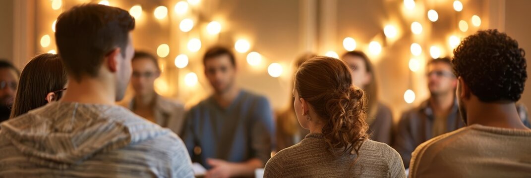 Group of young adults in a casual setting, discussing and connecting.