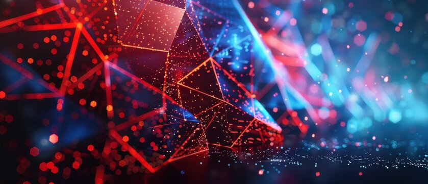 Abstract technological digital background with dynamic red and blue glowing shapes, lines, and connections.