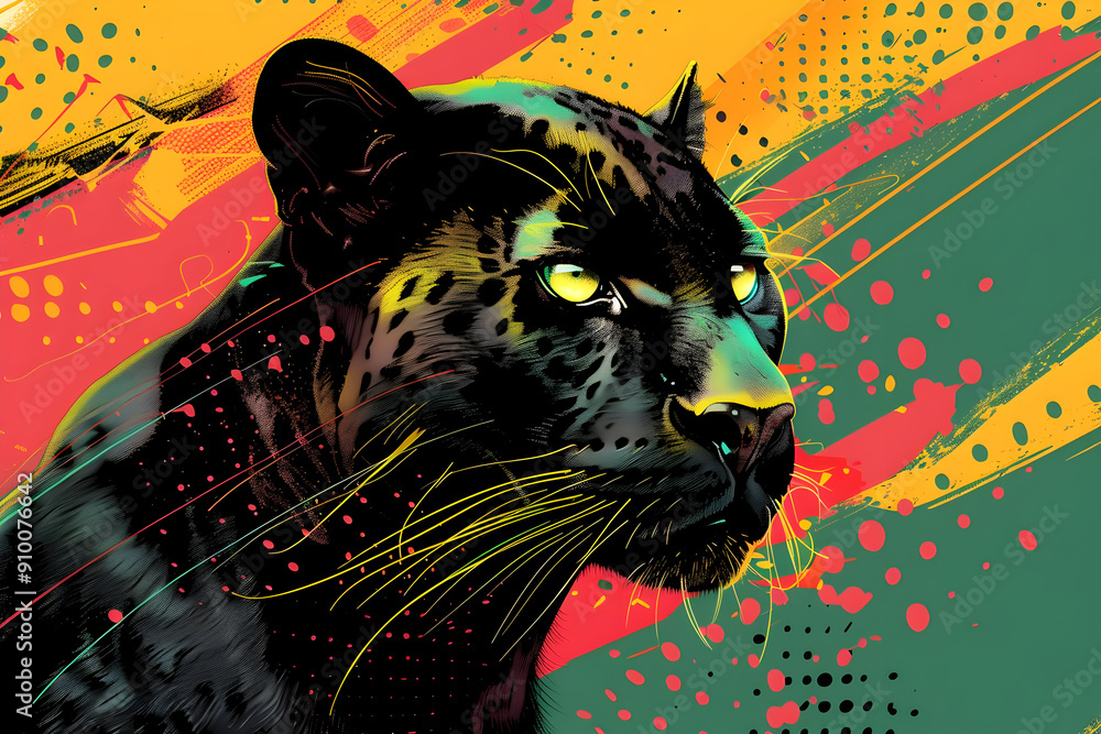 Sticker Black Panther Illustration with Colorful Background