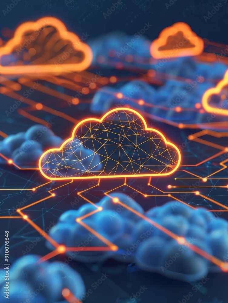 Poster abstract digital clouds with glowing connections, representing cloud computing and technology innova