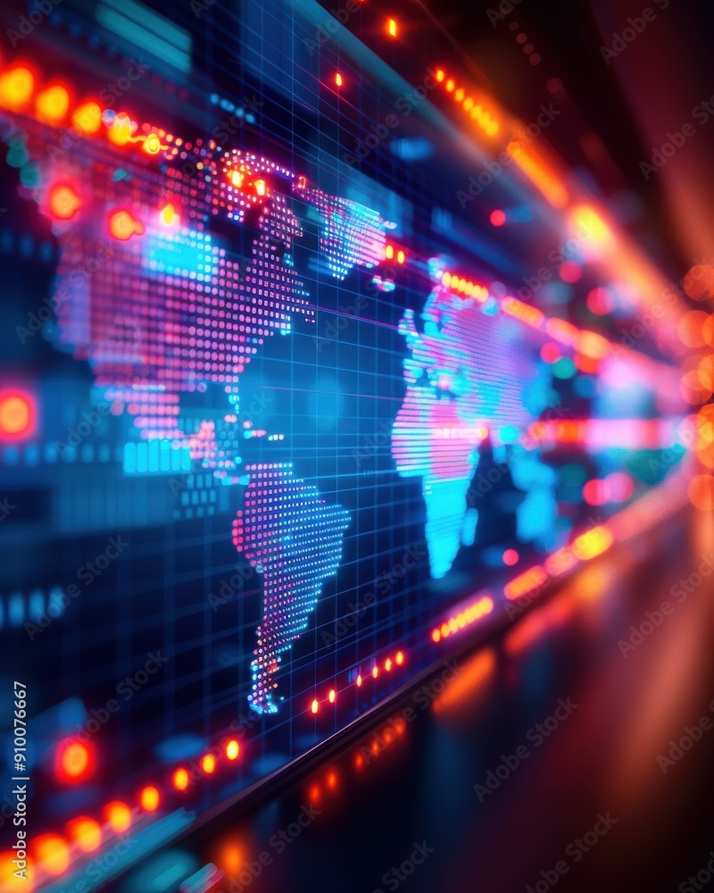 Poster a vibrant digital world map with glowing lines and lights, representing technology and global connec