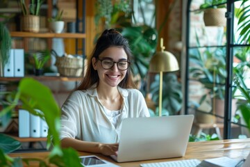 Fototapeta premium Smiling woman working on laptop in a green office space.
