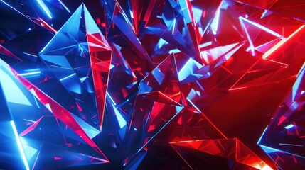 Vibrant abstract art featuring red and blue crystal shapes and dynamic lighting. Perfect for modern design projects.