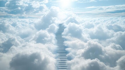 Man walking up a stairway to heaven, surrounded by clouds.