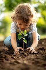 A child planting a tree in their backyard, feeling a sense of responsibility and hope for the future