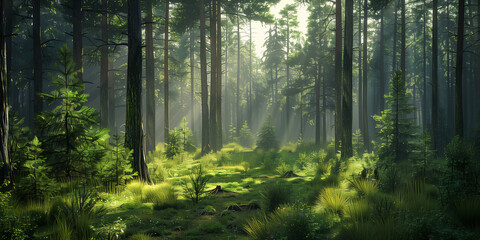 A dense pine forest with tall trees, sunlight filtering through the branches, and an opening showing grassy ground