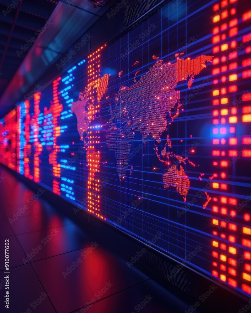 Poster a vibrant digital world map illuminated with red and blue lights, showcasing data flow and connectiv