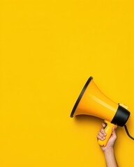 A vibrant yellow megaphone held against a bright yellow background, symbolizing communication and attention-grabbing messages. © ParinApril