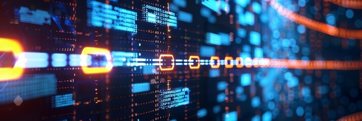 Blockchain ledger visualized on a computer screen, showing transactions and data blocks with copy space