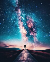 Fototapeta premium A solitary figure standing beneath a breathtaking galaxy, surrounded by vibrant stars and cosmic beauty.