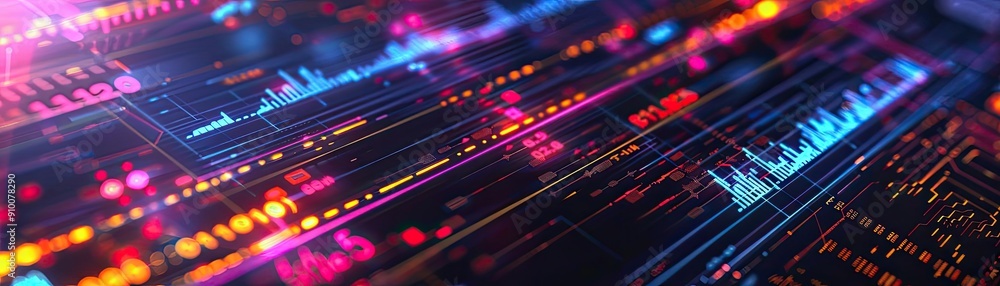 Poster a vibrant digital visualization depicting colorful data waves and fluctuating signals, representing 