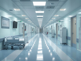 Modern Hospital Corridor With Empty Beds and Clean, Bright Environment During Daytime