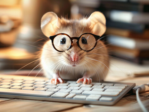 A Curious Hamster Wearing Glasses Types Away on a Computer Keyboard at Home - Powered by Adobe