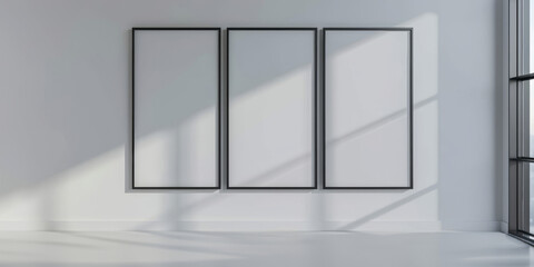 Fototapeta premium Contemporary Grey Wall with Three Black Frames Gallery Mockup. Empty Vertical Poster on Wall