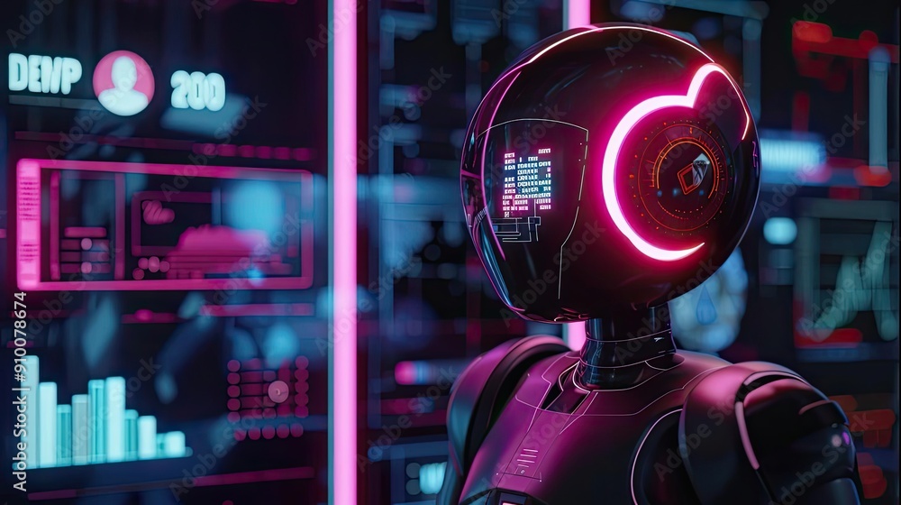 Poster a futuristic robot displaying advanced technology with neon accents, surrounded by digital analytics