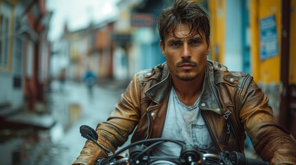 A Man in Leather Jacket Riding a Motorcycle on Rainy Streets at Dusk