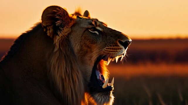 A lion lets out a powerful roar against the backdrop of a vibrant sunset in the African savanna, capturing the essence of its wild nature