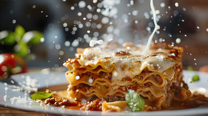 A savory slice of layered lasagna is captured with a splash of creamy sauce and garnished with fresh basil, highlighting the rich, cheesy layers and authentic Italian flavors.
