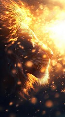 Solar lion with a mane of sun rays, the word 'Lion' glowing in sunlight