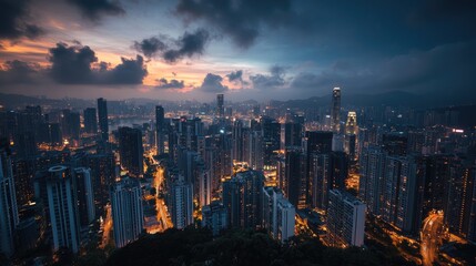Fototapeta premium Panorama view of modern capital city skyline, skyscraper at sunset. Beautiful day view with high buildings and blue sky in dusk. Business international corporations, banks office centres. Aerial view