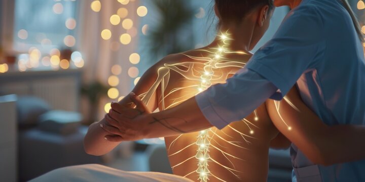 doctor treating woman with visualized spinal light, indicating back problems, with home background, emphasizing health