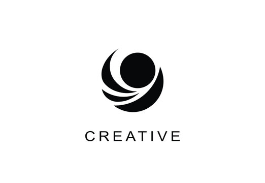 Modern abstract logo with dynamic swirl and central circle in black and white